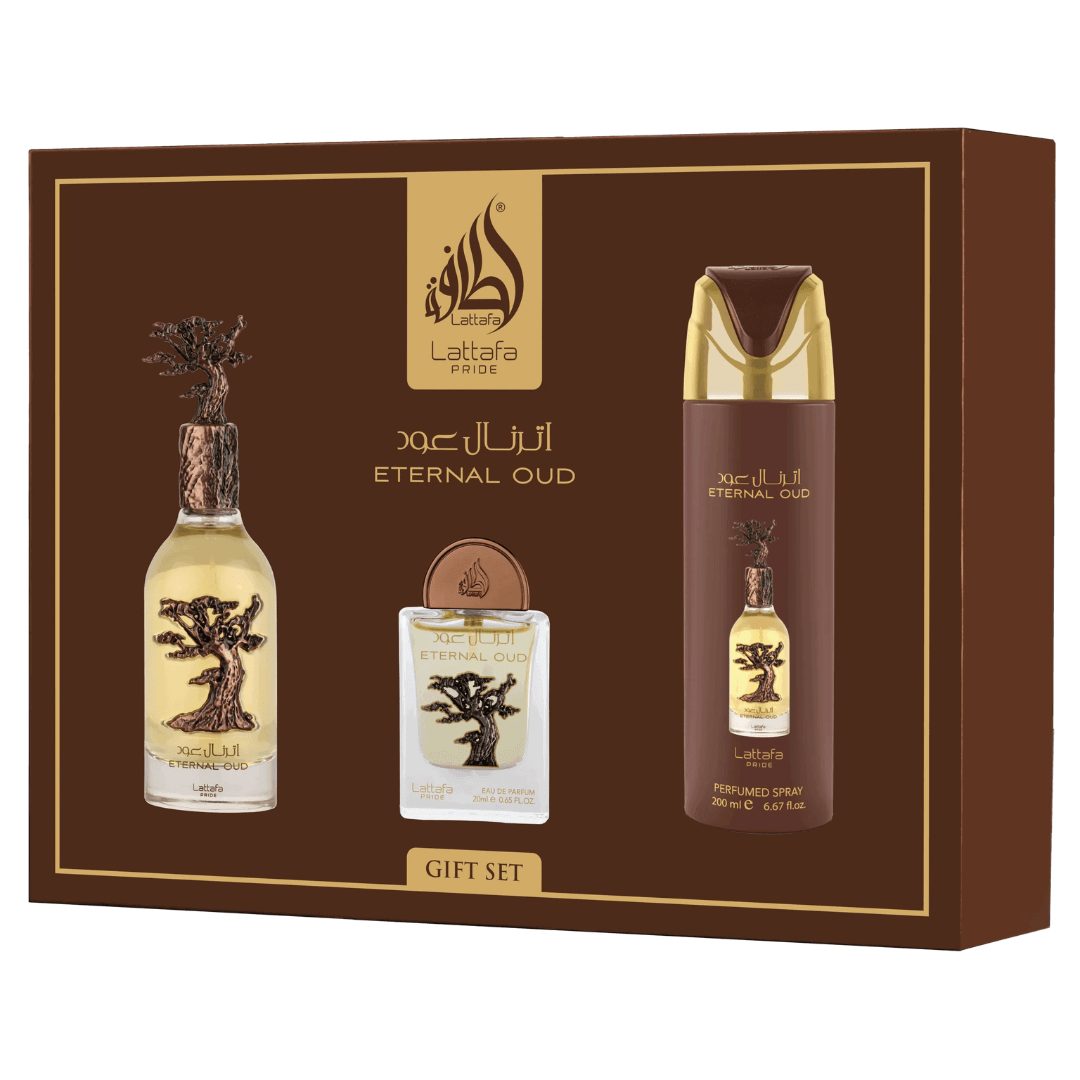 Lattafa Pride Eternal Oud Gift Set – EDP 100 mL + Perfume 200 mL + Pocket Perfume wholesale fragrance - Bulk Depot LLC