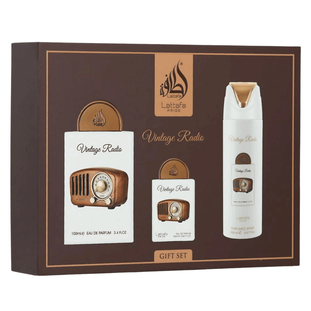 Lattafa Pride Vintage Radio Gift Set – Eau de Parfum 100 mL + Perfume Spray 200 mL + Pocket Perfume 20 mL, featuring perfume bottles
