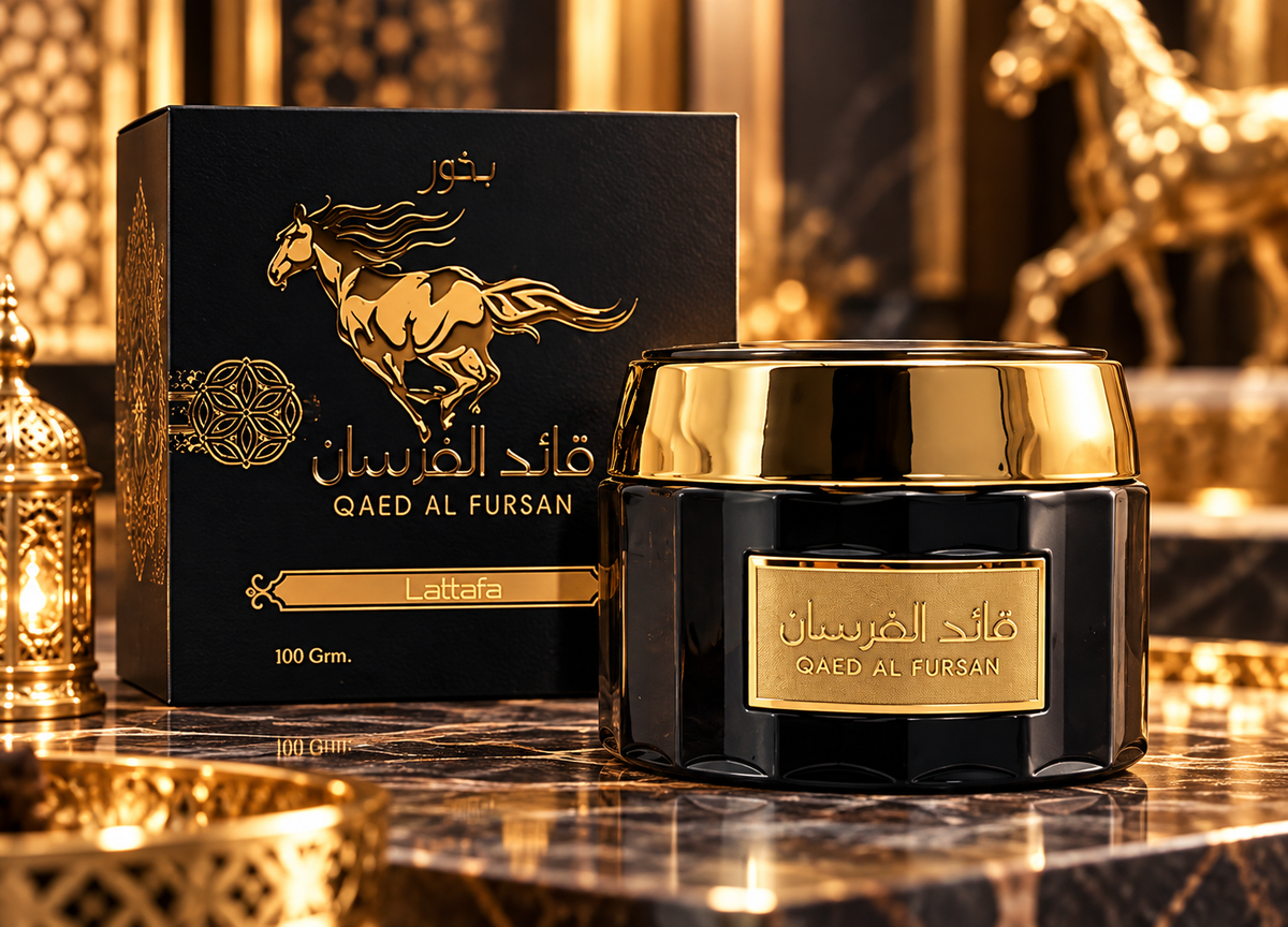 Lattafa Qaed Al Fursan Bukhoor incense jar and box in a black and gold luxury setting