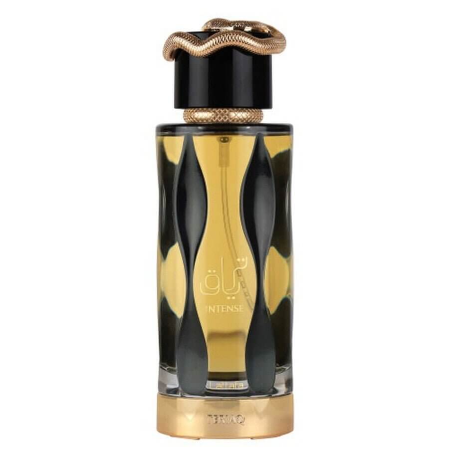 Lattafa Teriaq Intense Perfume Spray, 100 mL (3.4 fl oz) bottle with gold cap and intricate design, eau de parfum fragrance packaging