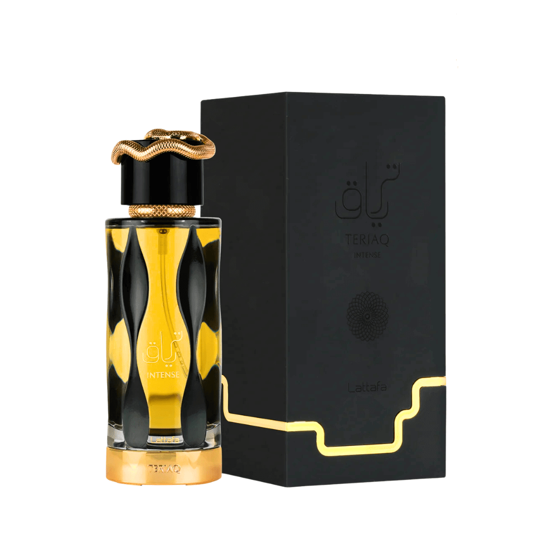 Lattafa Teriaq Intense Perfume Spray, 100 mL bottle with elegant packaging, featuring a unique design, eau de parfum
