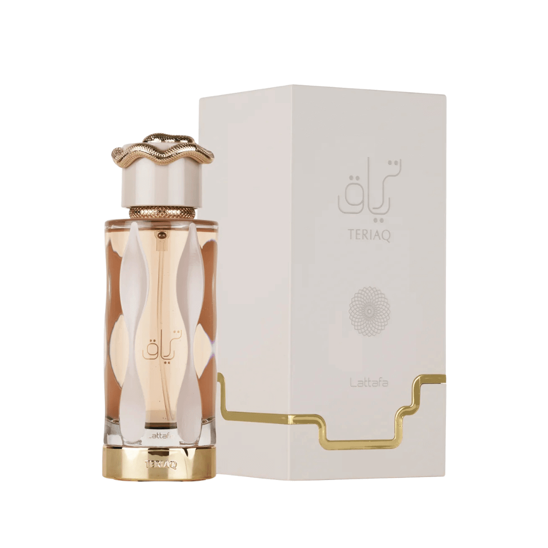 Lattafa Teriaq Perfume Spray, 100 mL (3.4 fl oz) bottle with packaging, elegant fragrance packaging design, eau de parfum.