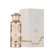 Lattafa Teriaq Perfume Spray, 100 mL (3.4 fl oz) bottle with packaging, elegant fragrance packaging design, eau de parfum.