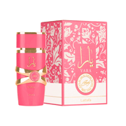 Lattafa Yara Candy Perfume Spray, 100 mL bottle and box packaging, pink with gold accents, decorative floral design, eau de parfum