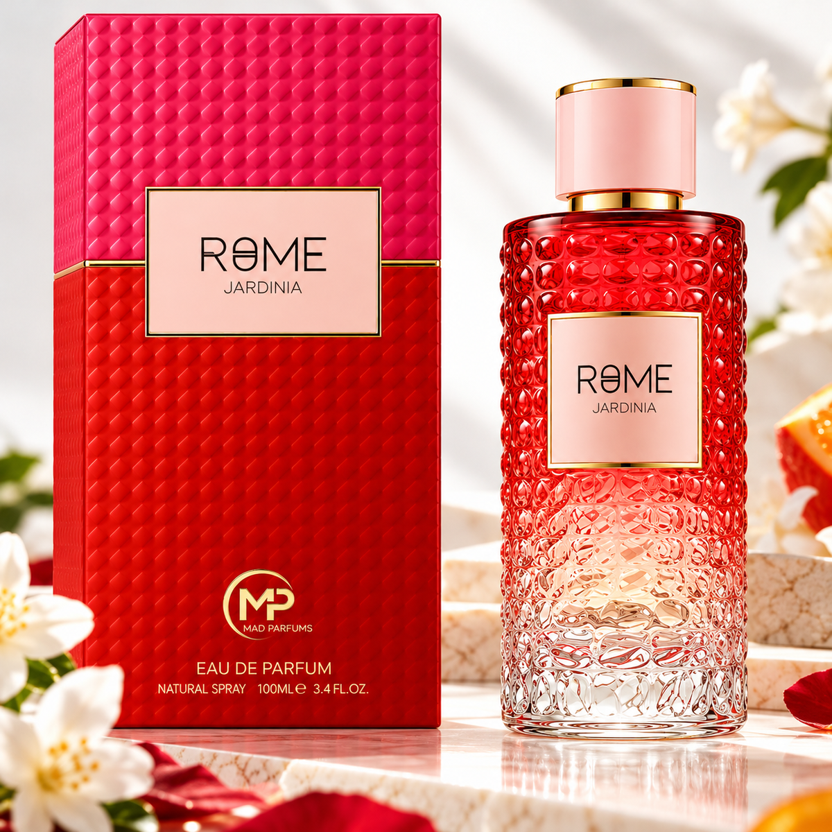 Mad Parfums Rome Jardinia Eau de Parfum 3.4 oz 100 mL bottle and box in an elegant floral setting