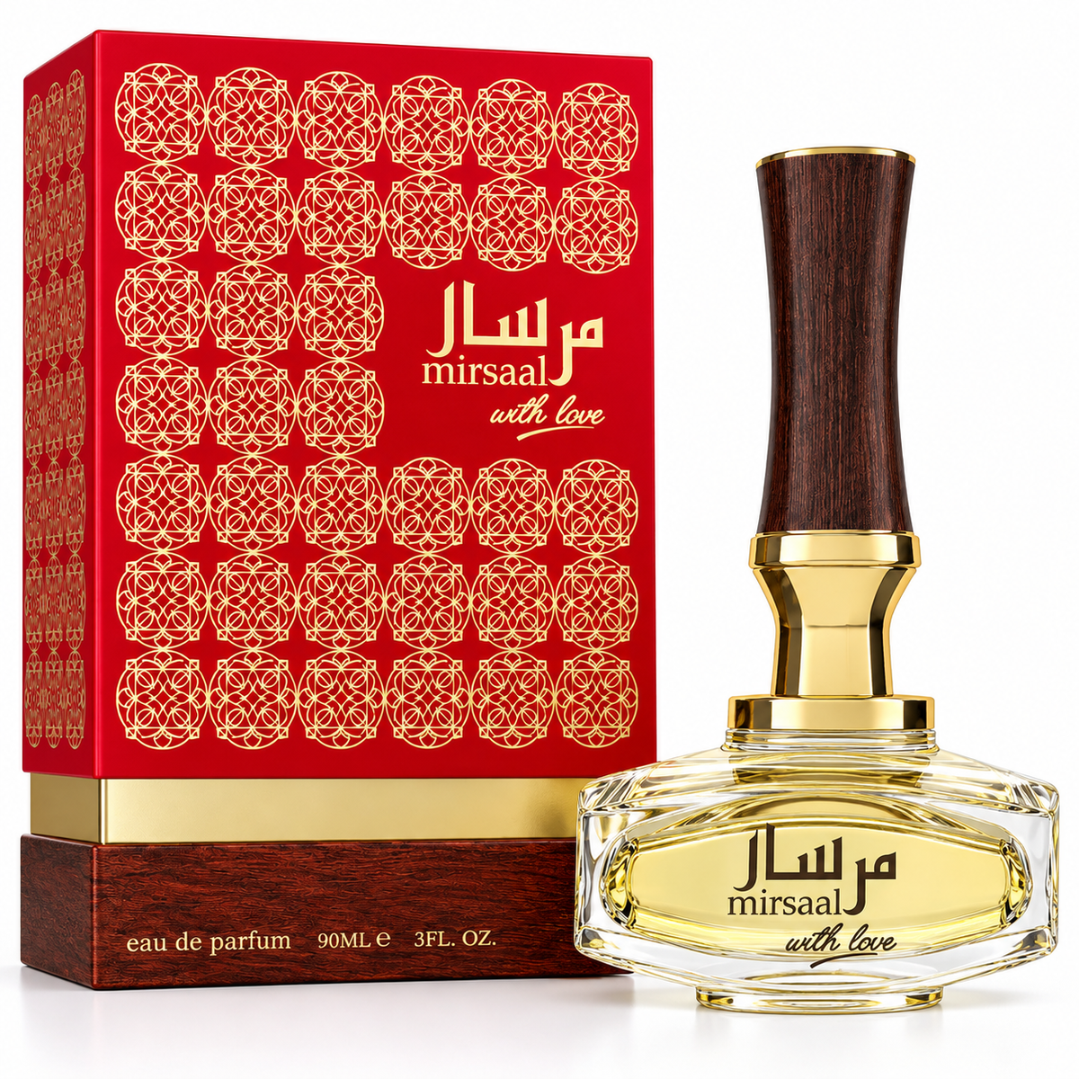 Mirsaal With Love Eau de Parfum 90 mL bottle and box in an elegant red and gold presentation