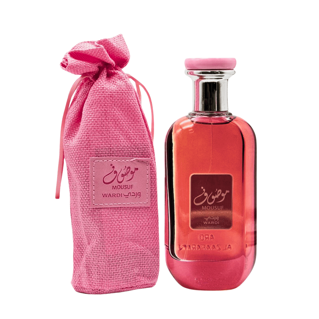 Ard Al Zaafaran Mousuf Wardi Perfume Spray, 100 mL (3.4 fl oz) with pink fabric pouch and glass eau de parfum bottle