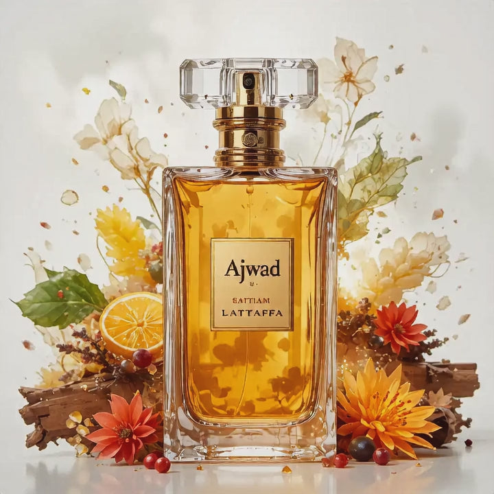 Lattafa Ajwad Original Perfume Spray, 100 mL (3.4 fl oz) bottle with floral and citrus background, luxury eau de parfum
