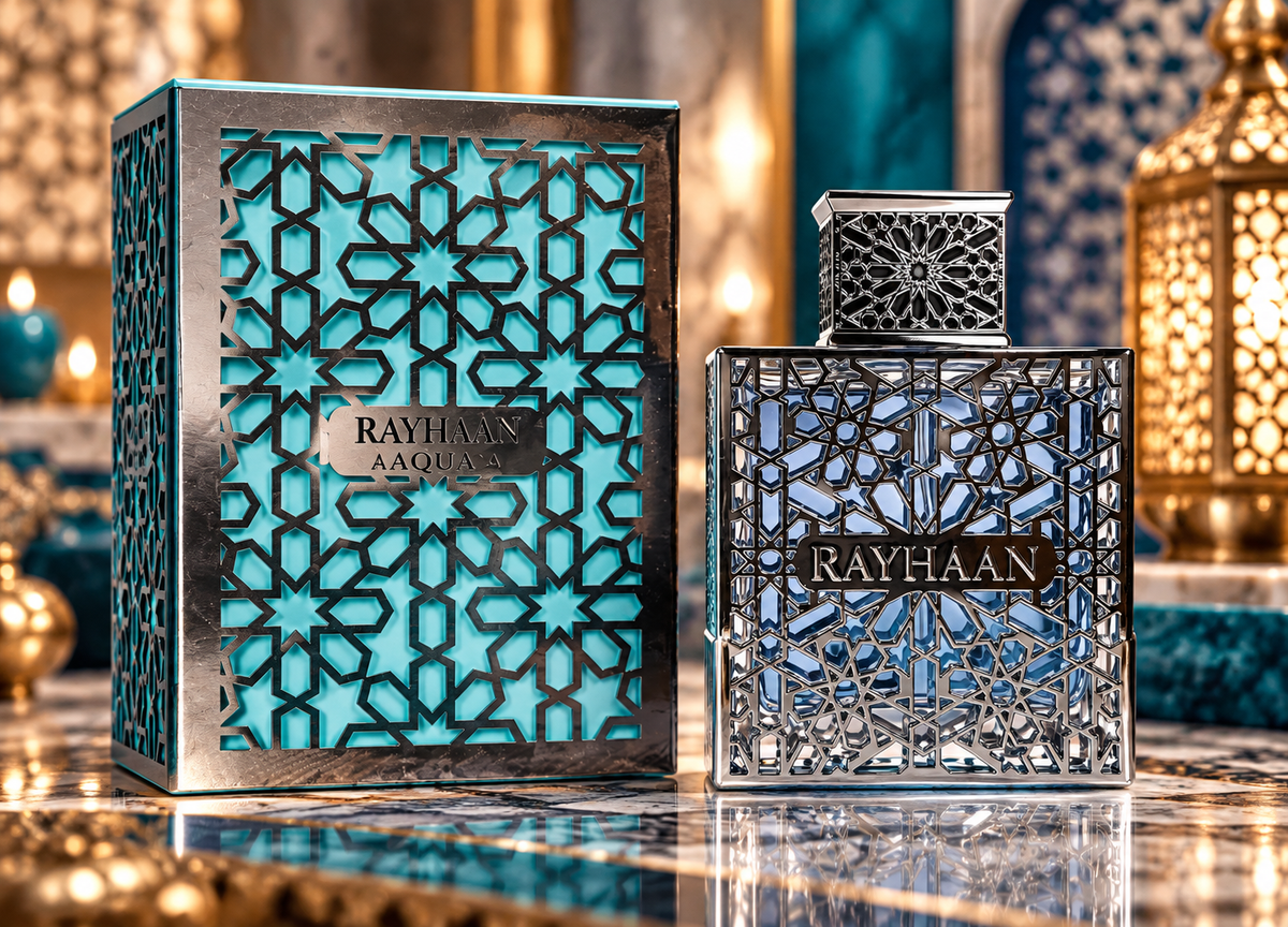 Rayhaan Aquatica Eau de Parfum bottle and box in a blue and silver luxury setting