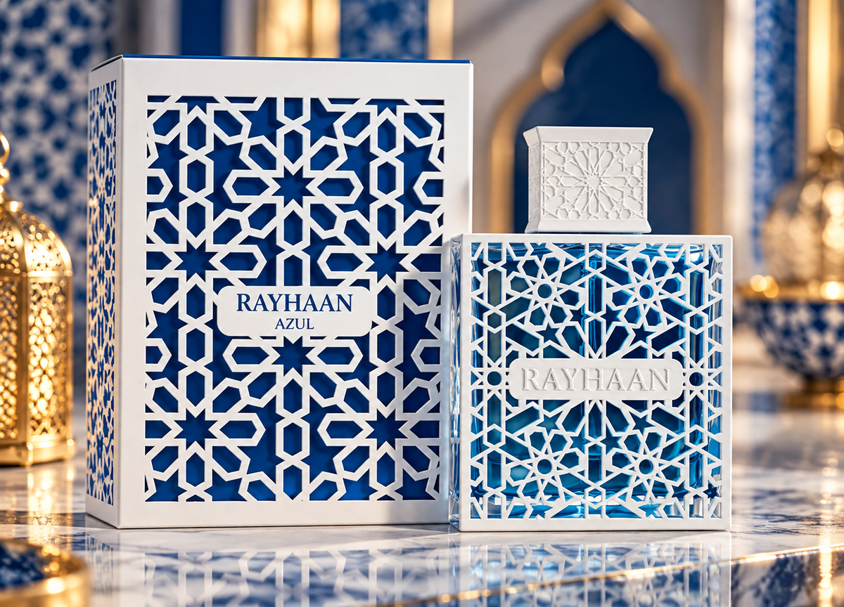 Rayhaan Azul Eau de Parfum bottle and box in an elegant blue and white luxury setting