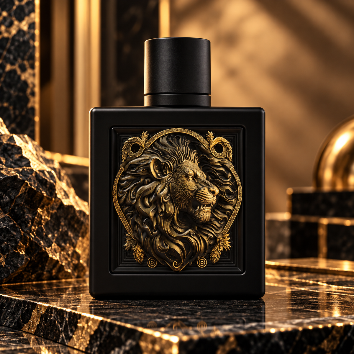 Rayhaan Lion Eau de Parfum for Men bottle in a black and gold luxury setting