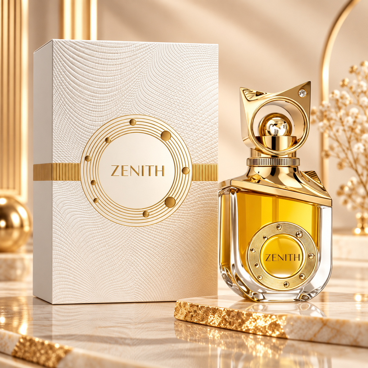 Riiffs Zenith Extrait de Parfum bottle and box in an elegant gold and ivory setting