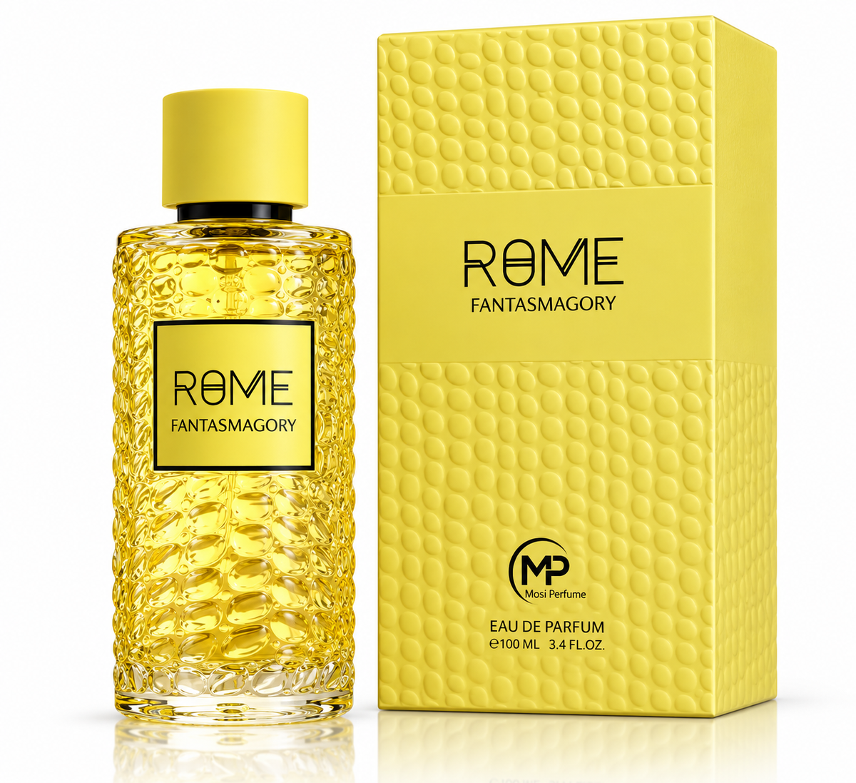 ROME Fantasmagory Eau de Parfum 100 mL with yellow bottle and matching box in a luxury setting
