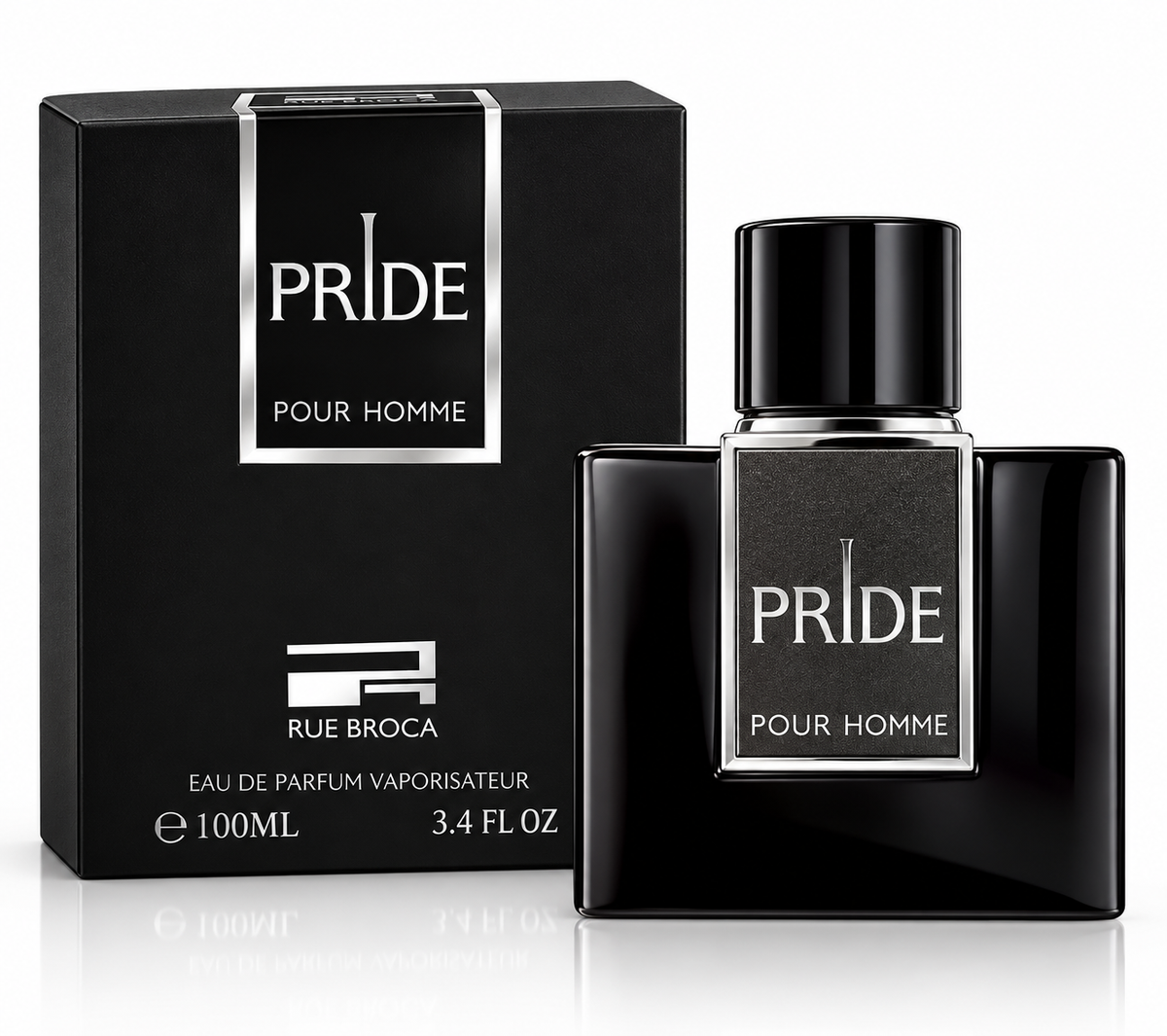 Rue Broca Pride Pour Homme Eau de Parfum 3.4 oz 100 mL bottle and box in a black and gold luxury setting