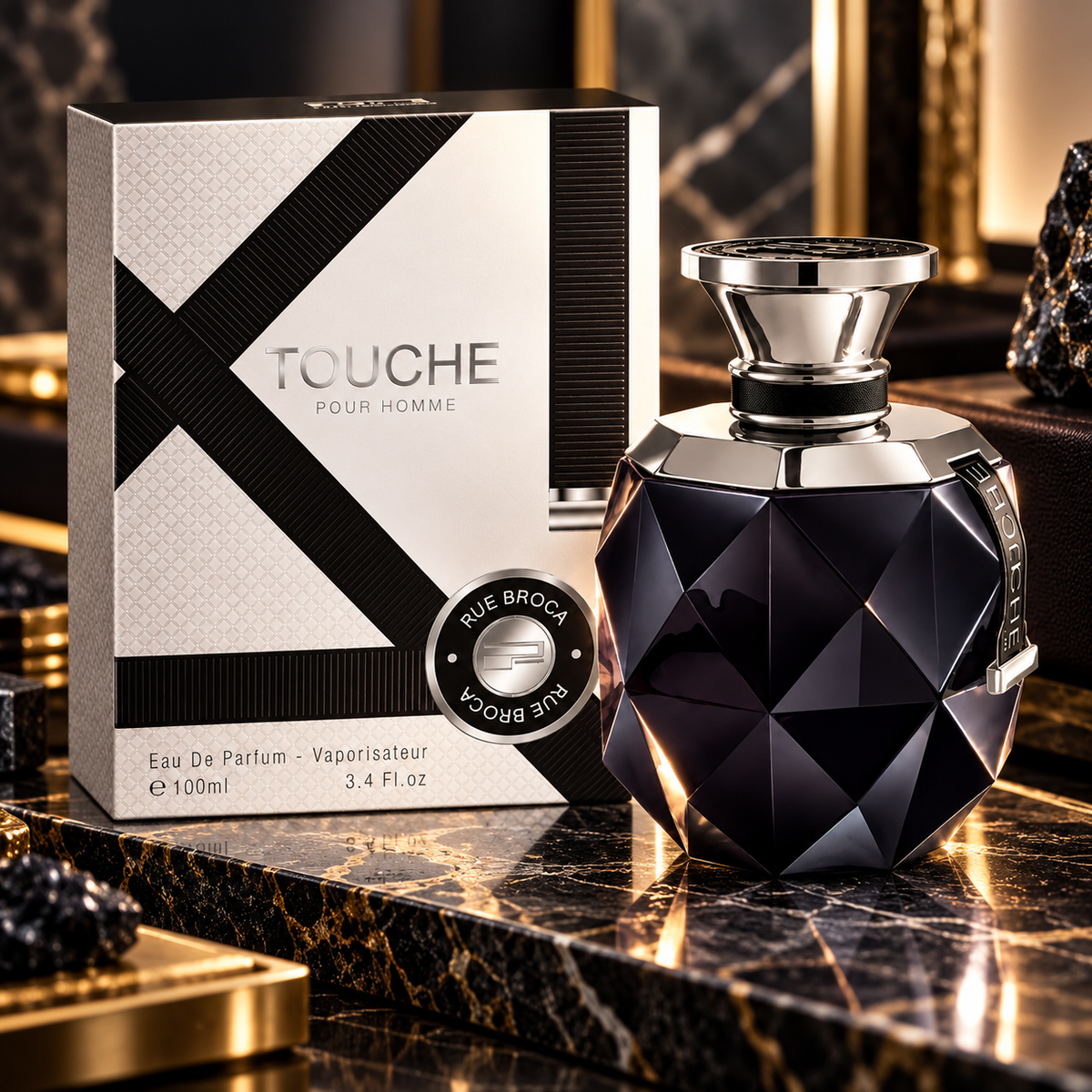 Rue Broca Touche Pour Homme Eau de Parfum bottle and box in a black and silver luxury setting